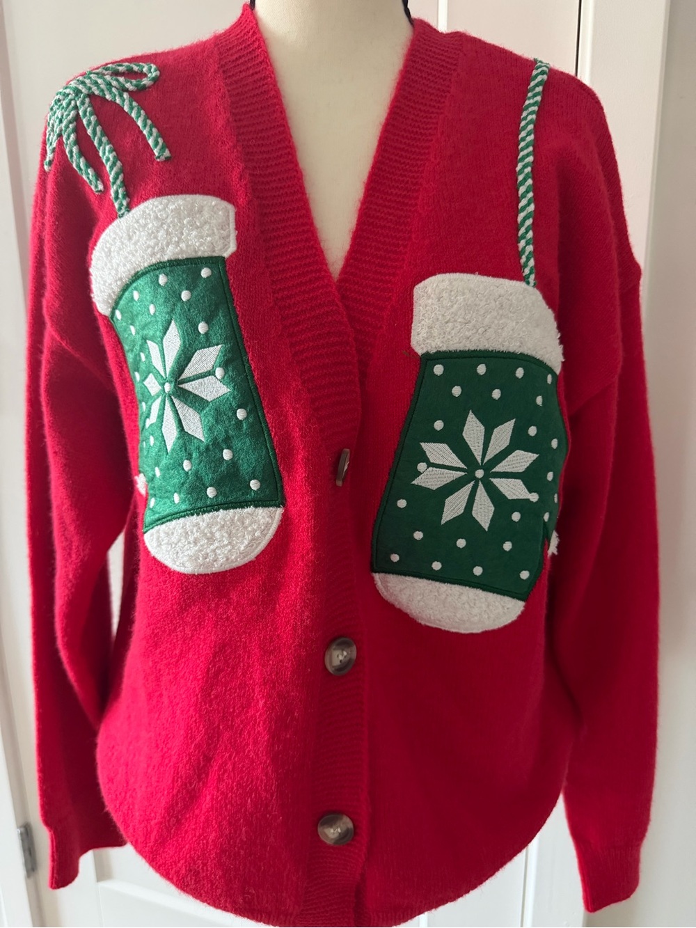 Red Holiday Cardigan Sweater with Green Mitten Appliqués